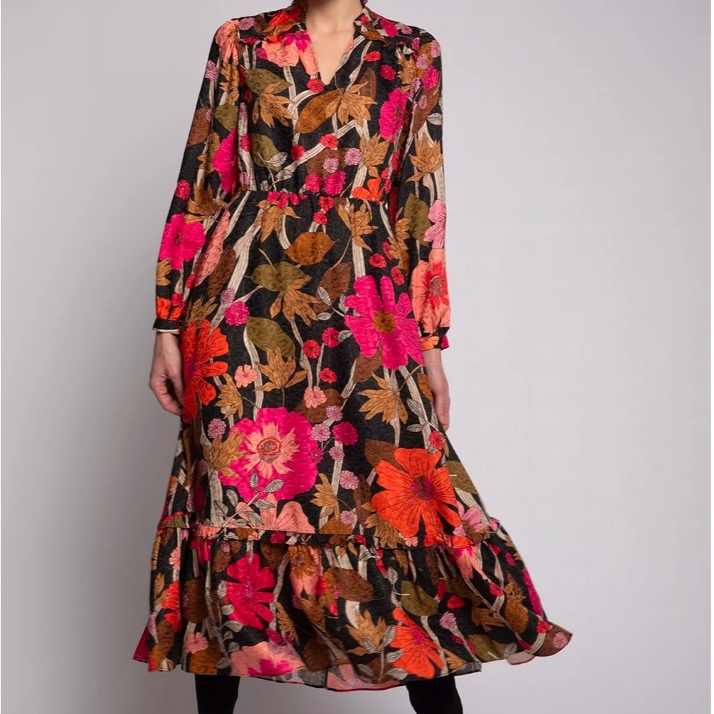 Vilagallo Floral Long Sleeve Dress - camel, coral and Pink 42 US 10